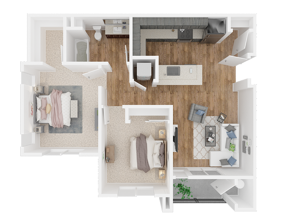 Floor plan for 2 beds, 1 bath, 1005 sqft